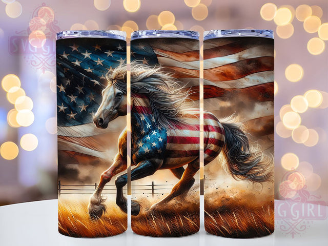 American Flag Patriotic Horse Tumbler, Patriotic Equestrian Wrap, 20oz Tumbler Sublimation, USA Horse Art, Wild Mustang Design, Western Cowboy Gift, Stars and Stripes Tumbler Sublimation SvggirlplusArt 