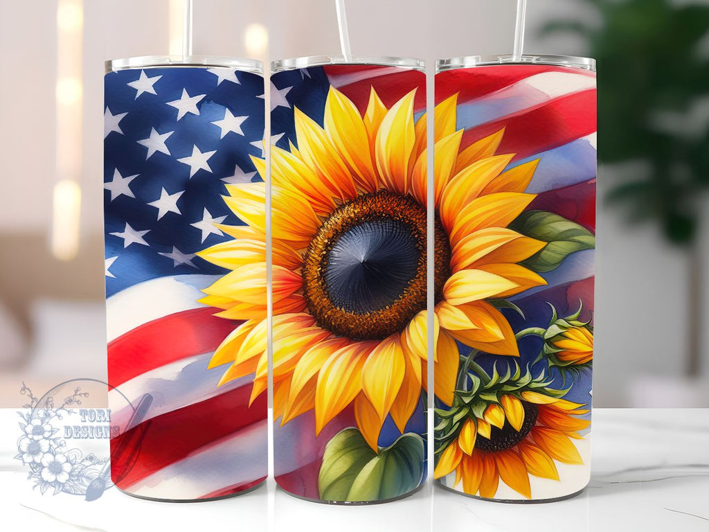 American Flag Sunflower 20oz Skinny Tumbler, 4th of July Tumbler Png ...