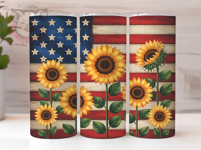 American Flag Sunflower 20oz Tumbler, Patriotic Floral Tumbler, Rustic Sublimation, Country Wrap Design, Stylish PNG, 20oz Tumbler Wrap Sublimation Lara' s Designs 