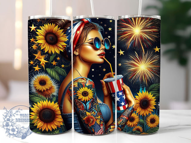 American Flag Sunflower Tumbler Wrap, USA Girl Sublimation Design, 20oz Skinny Tumbler Wrap, American Flag Sunflower Art, Independence Day Floral Design, Fourth of July Tumbler Wrap Sublimation ToriDesigns 