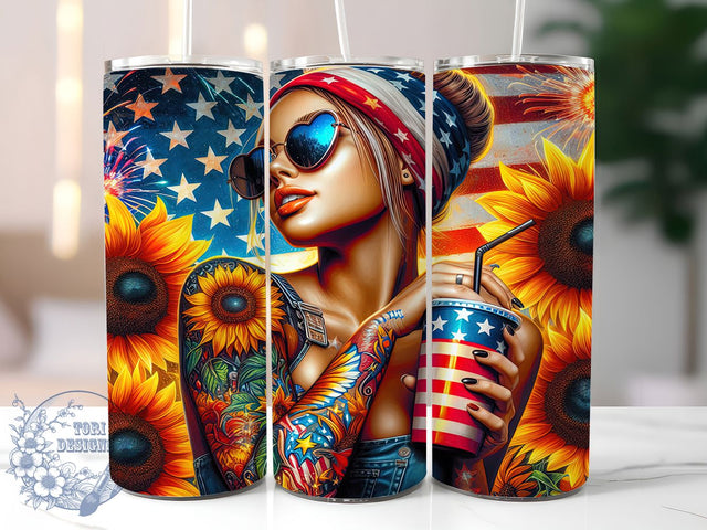 American Flag Sunflower Tumbler Wrap, USA Girl Sublimation Design, 20oz Skinny Tumbler Wrap, American Flag Sunflower Art, Independence Day Floral Design, Fourth of July Tumbler Wrap Sublimation ToriDesigns 