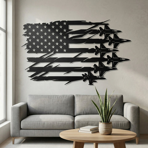 American Flag With Fighter Jets SVG | Plasma CNC Metal Wall Art | USA Flag Jet Silhouette Cut File | Laser Cut Patriotic Decor SVG HappyDesignStudio 
