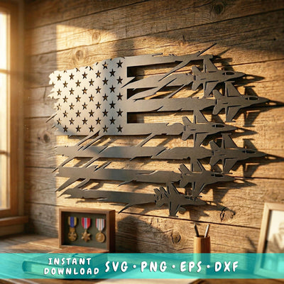American Flag With Fighter Jets SVG | Plasma CNC Metal Wall Art | USA Flag Jet Silhouette Cut File | Laser Cut Patriotic Decor SVG HappyDesignStudio 
