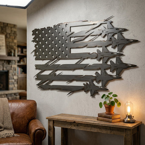 American Flag With Fighter Jets SVG | Plasma CNC Metal Wall Art | USA Flag Jet Silhouette Cut File | Laser Cut Patriotic Decor SVG HappyDesignStudio 
