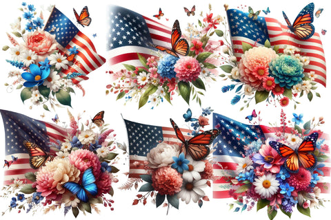 American Flag with Flowers Bouquet Clip Sublimation Rupkotha 