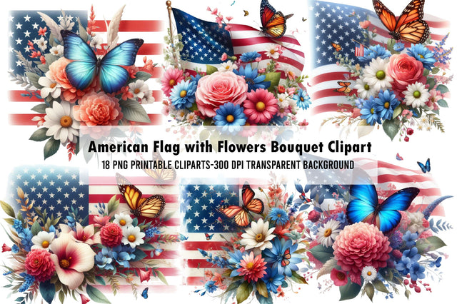 American Flag with Flowers Bouquet Clip Sublimation Rupkotha 