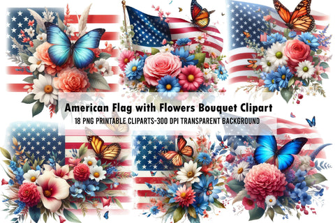 American Flag with Flowers Bouquet Clip Sublimation Rupkotha 