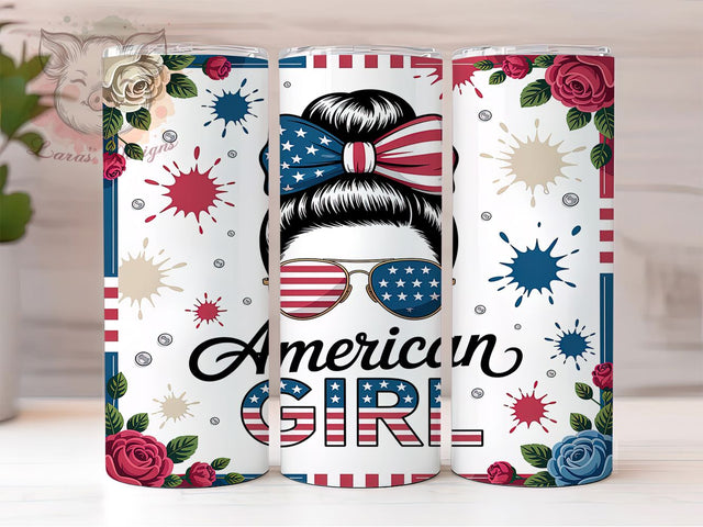 American Girl Bun 20oz Tumbler, American Theme, Girl Bun Style, Patriotic Motif, Stars and Stripes, Bold Design, Skinny Tumbler, Sublimation PNG Sublimation Lara' s Designs 
