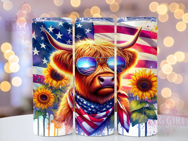 American Highland Cow 20oz Tumbler Wrap Sublimation Design, Straight Tapered Tumbler Wrap, 4th of July Tumbler Png, Instant Digital Download Sublimation SvggirlplusArt 