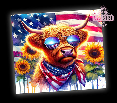 American Highland Cow 20oz Tumbler Wrap Sublimation Design, Straight Tapered Tumbler Wrap, 4th of July Tumbler Png, Instant Digital Download Sublimation SvggirlplusArt 
