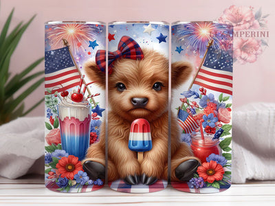 American Highland Cow USA Pride 20oz Tumbler, Baby Calf, Patriotic Popsicle, Golden Brown Fur, USA Theme, Skinny Tumbler, Sublimation PNG Sublimation Li Zamperini 