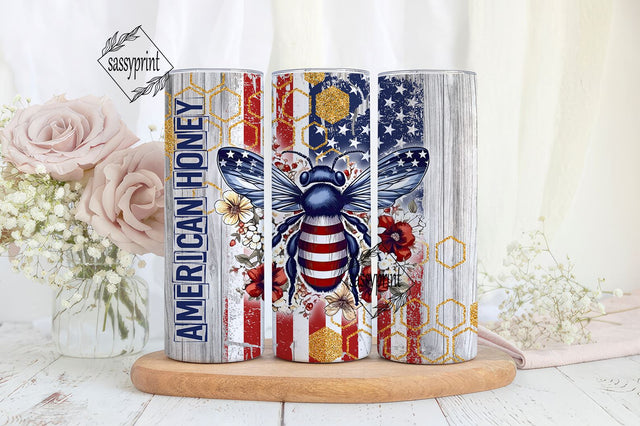 American Honey 20 oz Skinny Tumbler Sublimation Design Digital Download PNG Instant, Patriotic America Bee Tumbler Sublimation sassyprint 