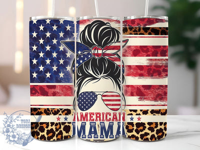 American Mama Messy Bun Patriotic Tumbler, Messy Bun Tumbler, Mom Tumbler, Patriotic Tumbler, USA Tumbler, 20oz Sublimation Wrap, 4th of July Tumbler Sublimation ToriDesigns 