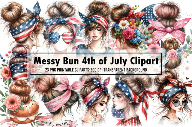 American Messy Bun 4th of July Clipart Sublimation designartist 