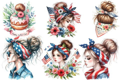 American Messy Bun 4th of July Clipart Sublimation designartist 