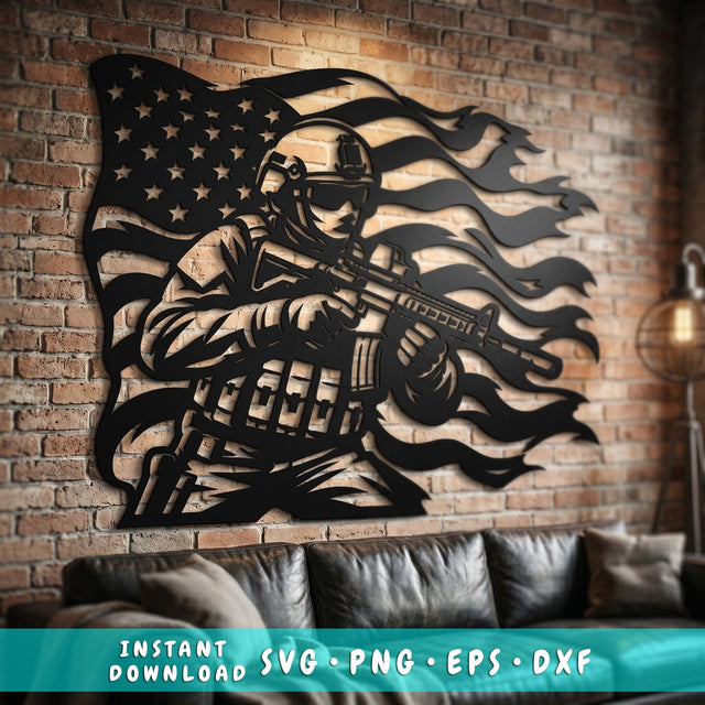 American Soldier With Flag Metal Wall Art SVG | Military Plasma Cut File | Patriotic CNC DXF Design | Veteran Tribute Laser Cut Decor SVG HappyDesignStudio 