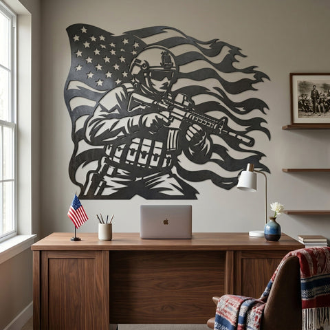 American Soldier With Flag Metal Wall Art SVG | Military Plasma Cut File | Patriotic CNC DXF Design | Veteran Tribute Laser Cut Decor SVG HappyDesignStudio 