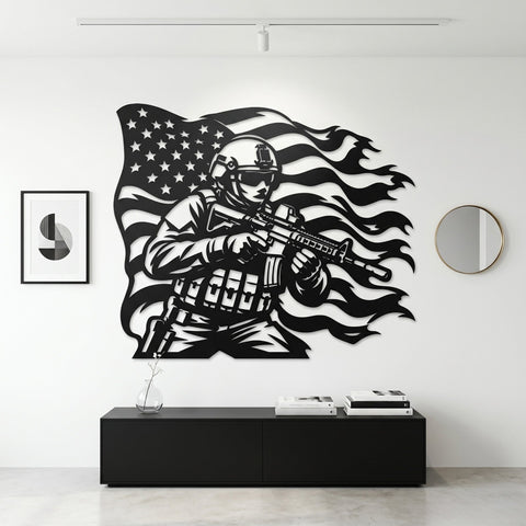 American Soldier With Flag Metal Wall Art SVG | Military Plasma Cut File | Patriotic CNC DXF Design | Veteran Tribute Laser Cut Decor SVG HappyDesignStudio 
