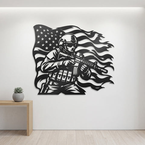 American Soldier With Flag Metal Wall Art SVG | Military Plasma Cut File | Patriotic CNC DXF Design | Veteran Tribute Laser Cut Decor SVG HappyDesignStudio 