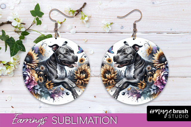 American Staffordshire Terrier Earrings - Dog Mom Floral Round Earring Sublimation Sublimation OrangeBrushStudio 
