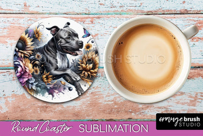 American Staffordshire Terrier Round Coaster - Dog Mom Floral Coaster Sublimation Sublimation OrangeBrushStudio 