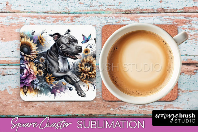 American Staffordshire Terrier Square Coaster - Dog Mom Floral Coaster Sublimation Sublimation OrangeBrushStudio 