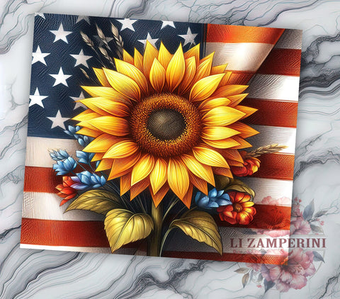 American Sunflower 20oz Tumbler Wrap PNG, Patriotic Sunflower Tumbler Png, Straight & Tapered Tumbler Wrap, Instant Digital Download Sublimation Li Zamperini 