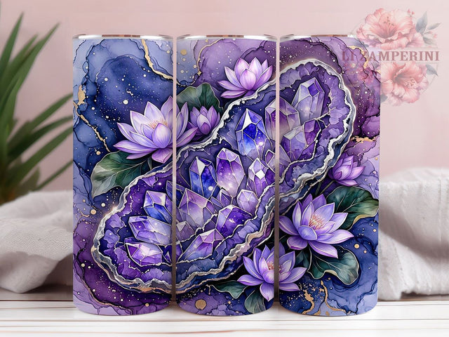 Amethyst Lotus Geode 20oz Tumbler, Amethyst Geode Motif, Lotus Crystal Design, Mystical Theme, Elegant Accent, Ethereal Charm, Sublimation Wrap, 20oz Tumbler Sublimation Li Zamperini 