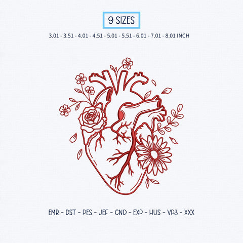 Anatomical Heart Floral Embroidery Design – Human Heart Rose Daisy Botanical Redwork Machine Embroidery File Embroidery/Applique DESIGNS PatternFeed8 