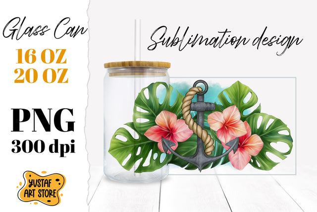 Anchor and Tropical leaves Glass Can. Cruise glass can wrap Sublimation Yustaf Art Store 