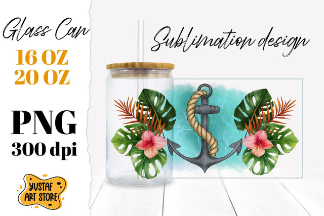 Anchor and Tropical leaves Glass Can. Cruise glass can wrap Sublimation Yustaf Art Store 