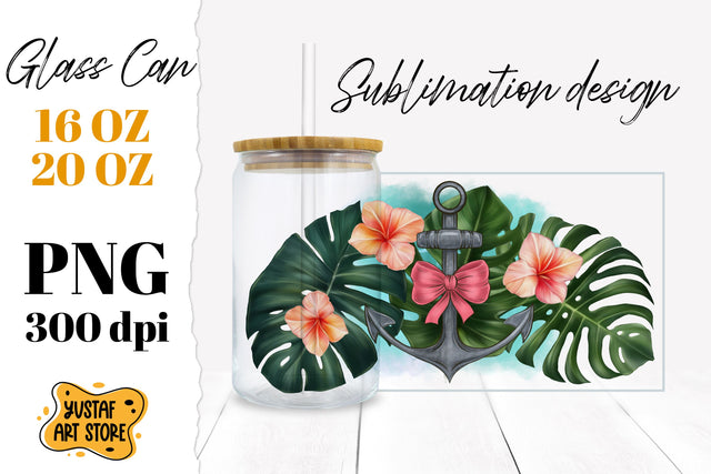 Anchor and Tropical leaves Glass Can Sublimation PNG Sublimation Yustaf Art Store 