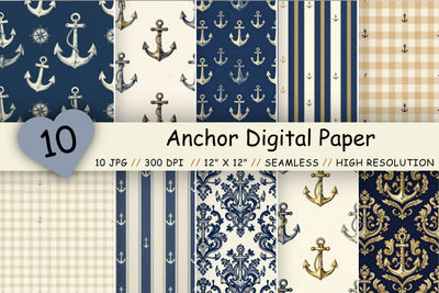 Anchor Digital Paper Pack, Classic Nautical Seamless Patterns, Rope, Maritime Emblems & Coastal Printable Crafts Digital Pattern FloridPrintables 