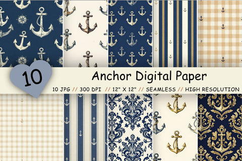 Anchor Digital Paper Pack, Classic Nautical Seamless Patterns, Rope, Maritime Emblems & Coastal Printable Crafts Digital Pattern FloridPrintables 