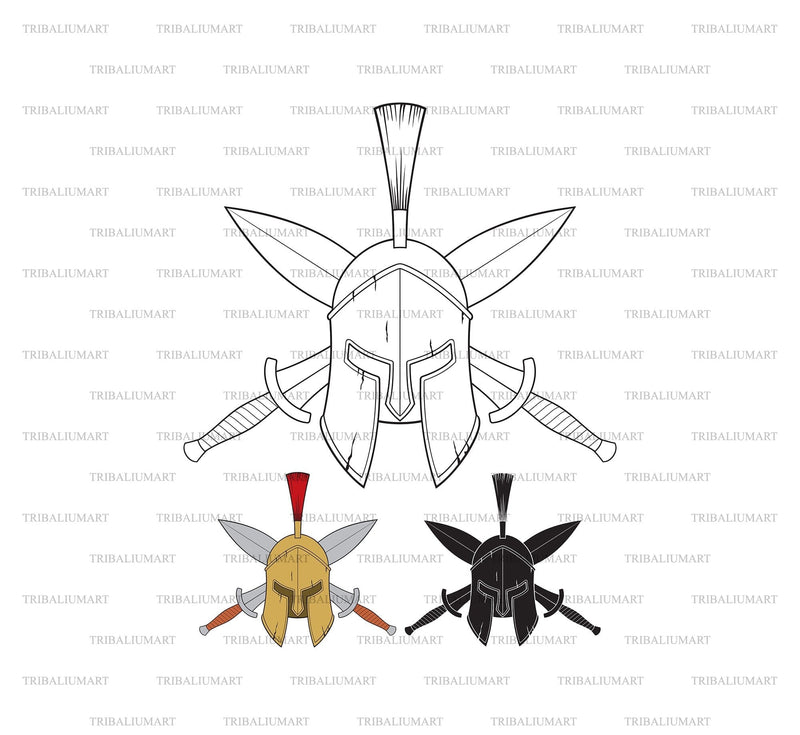 Ancient Spartan helmet (warrior) and crossed Spartan swords SVG TribaliumArtSF 