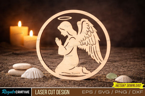 Angel Prayer Laser Cut Design – Spiritual Kneeling Angel with Halo & Wings Sublimation Artwork SVG Regulrcrative 