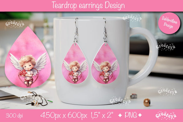Angel Valentine Earrings – Teardrop Sublimation PNG Design Sublimation Createya Design 