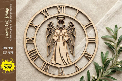 Angel Wall Clock with Roman Numerals – Laser Cut Wooden Circular Design SVG Regulrcrative 