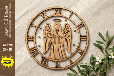 Angel Wall Clock with Stars – Roman Numeral Laser Cut Wooden Circular Design SVG Regulrcrative 