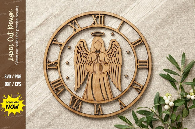 Angel Wall Clock with Stars – Roman Numeral Laser Cut Wooden Circular Design SVG Regulrcrative 