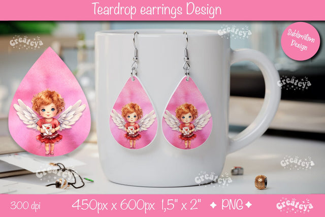 Angel Watercolor Teardrop Earrings – Valentine’s Sublimation Design Sublimation Createya Design 