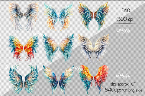 Angel Wings Clipart Bundle PNG Transparent wings png Watercolor Clipart PNG Sublimation Illustration Sublimation Createya Design 