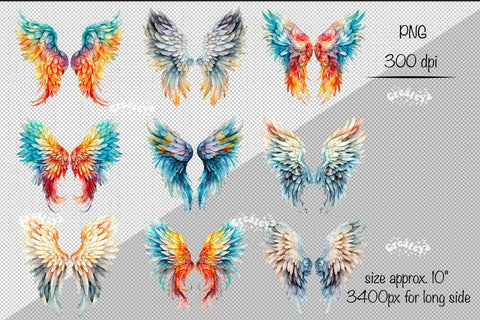 Angel Wings Clipart Bundle PNG Transparent wings png Watercolor Clipart PNG Sublimation Illustration Sublimation Createya Design 