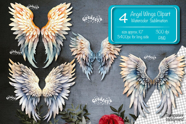 Angel Wings Clipart PNG Transparent wings png Watercolor Clipart PNG Sublimation Illustration Sublimation Createya Design 