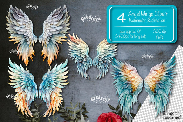 Angel Wings Clipart PNG Transparent wings png Watercolor Clipart PNG Sublimation Illustration Sublimation Createya Design 