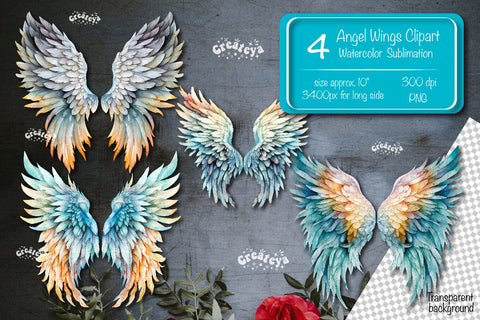Angel Wings Clipart PNG Transparent wings png Watercolor Clipart PNG Sublimation Illustration Sublimation Createya Design 