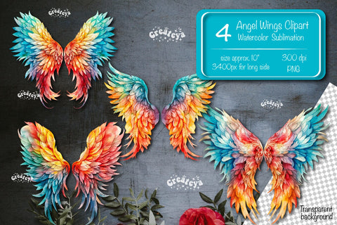 Angel Wings Clipart PNG Transparent wings png Watercolor Clipart PNG Sublimation Illustration Sublimation Createya Design 