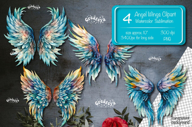 Angel Wings Clipart PNG Transparent wings png Watercolor Clipart PNG Sublimation Illustration Sublimation Createya Design 