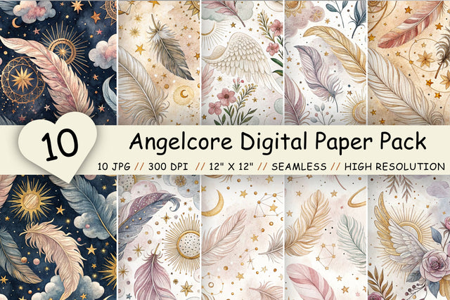 Angelcore Digital Paper Pack, Seamless Watercolor Pattern Bundle, Printable Scrapbook Paper, Ethereal Celestial Design Collection Digital Pattern FloridPrintables 