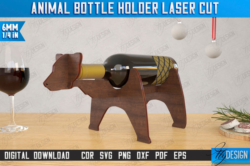 Animal Bottle Holder Laser Cut | Wine Bottle Rack | Tabletop Wine Rack | Bear | CNC File SVG Fly Design 
